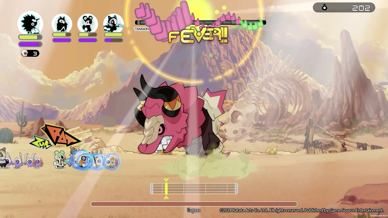 A large pink horned creature faces the Cobun army in a sandy arena.