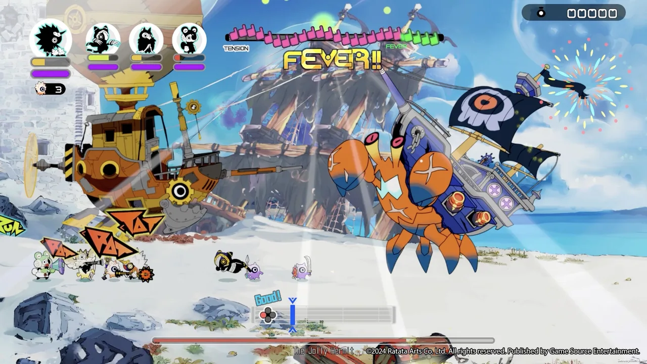 Four-player battle against a large orange crab beside a wrecked ship.